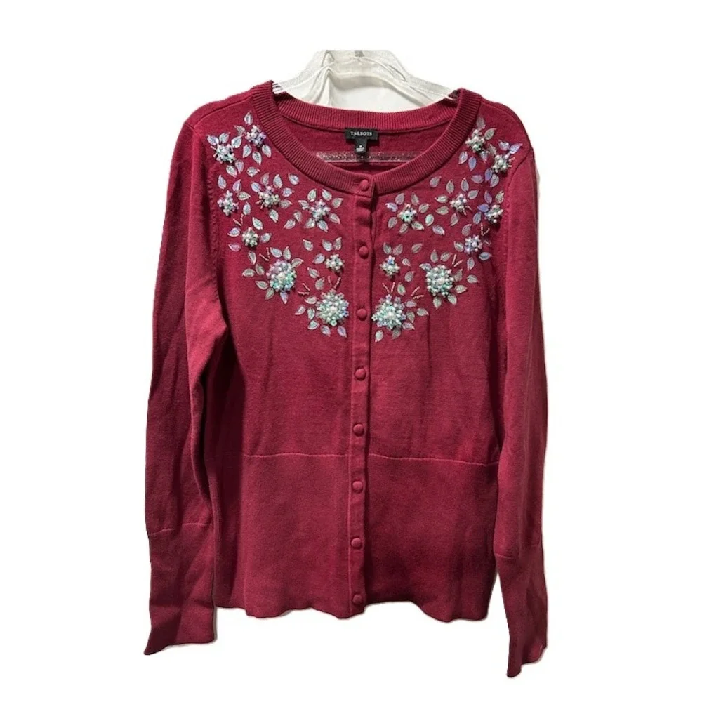 Talbots Womens Embellished Crewneck Cardigan Berry Red Floral Beaded Sweater M - Picture 2 of 6